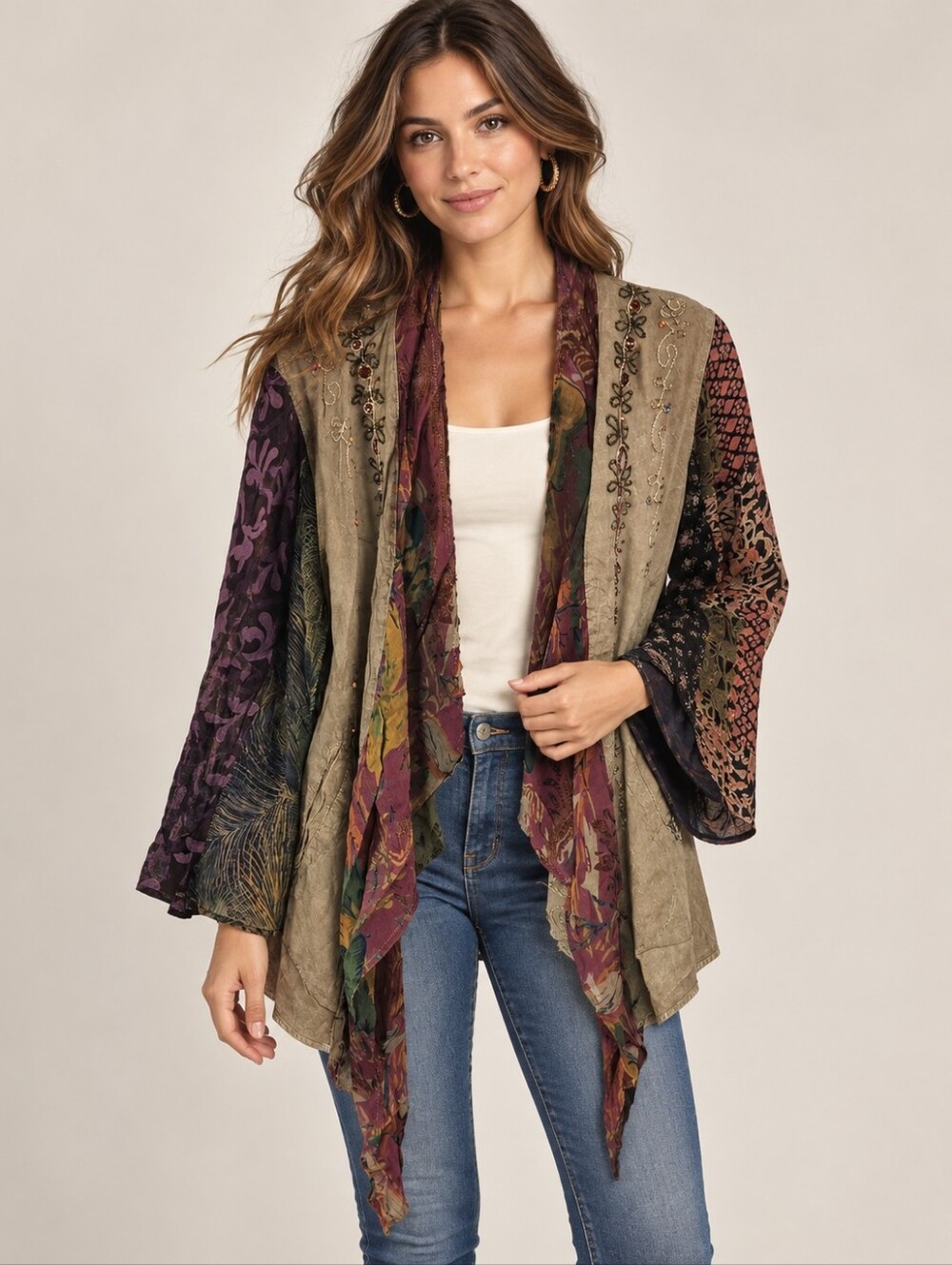 545.Boho Patchwork Open-Front Women's Cardigan - Olive & Plum